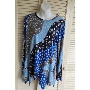 LOGO Lori Goldstein Mindy Top Blouse Tunic Shark Bite Hem Patchwork Long Sleeve